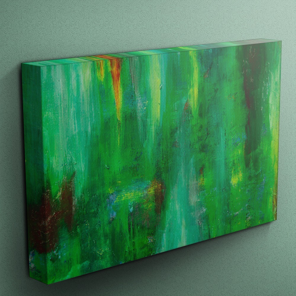 Green abstract painting comes ready to hang and framed