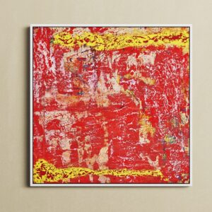 Red abstract art with white floating frame. The art has shades of white and gold as well.