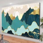 Abstract gold mountain landscape illustration luxurious teal green and gold mountain wall art canvas print