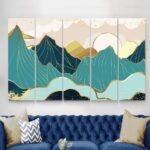 Abstract gold mountain landscape illustration luxurious teal green and gold mountain wall art canvas print
