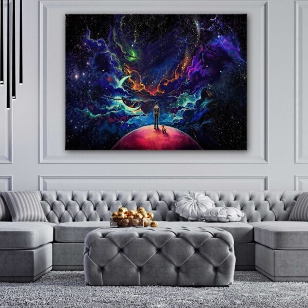 Deep space fantasy clouds planets stars & the wanderer with his dog canvas wall art