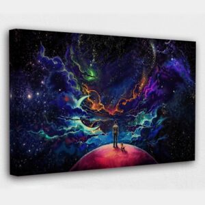 Deep space art with a man standing with his dog and watching the fantasy night sky.