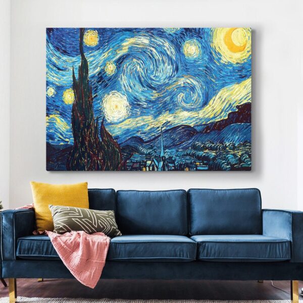 Van Gogh Starry Night Wall Art | Beautiful moonlight painting and night sky canvas print | blue and yellow wall art