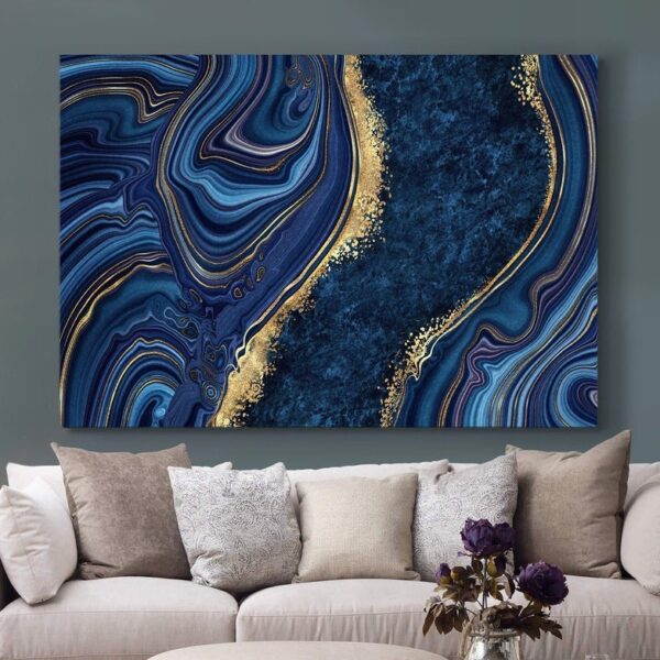 Abstract Blue and Yellow Gold Canvas Wall Art Marble Painting