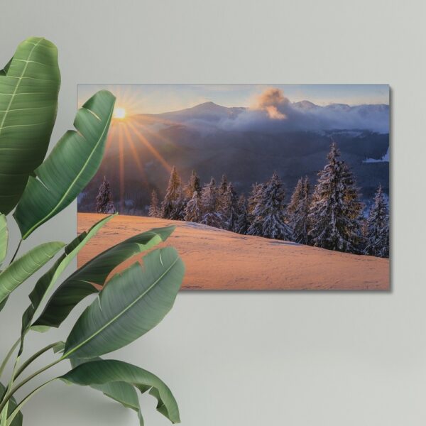 Beautiful Sunrise above Mountains with Pine Trees covered in Snow Canvas Print