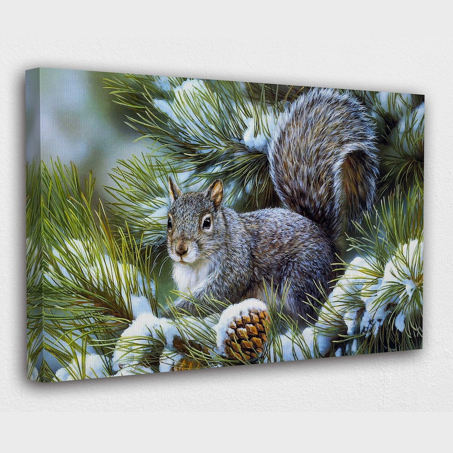 Beautiful winter art of cute squirrel hiding between pine needles
