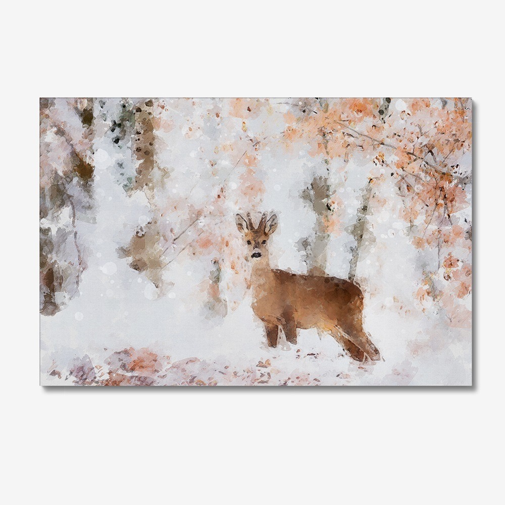 Christmas Deer in Winter Forest Art Painting on Canvas