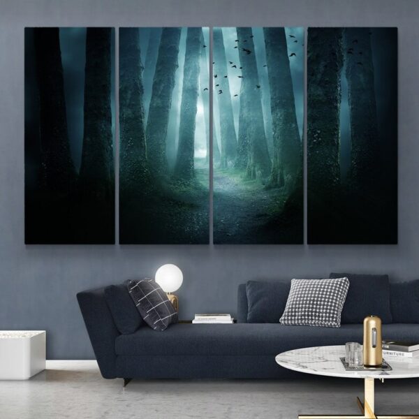 Dark Forest Pathway with Dense Fog Canvas Wall Art