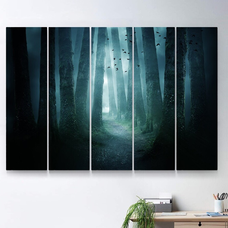 Dark Forest Pathway with Dense Fog Canvas Wall Art