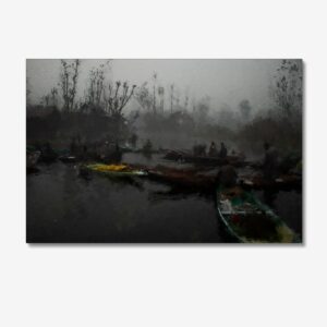 Floating Market at Dusk Fishermen and Boat Vintage Painting Canvas Wall Art