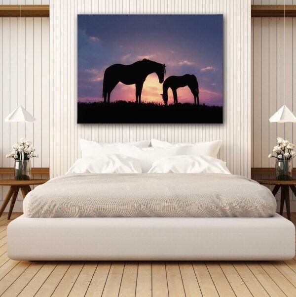 Horse with his Foal in a Sunset Silhouette Canvas Wall Art