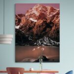 Mountains and lake during early red sunrise wall art