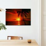 Palm tree leaves sunrise canvas painting