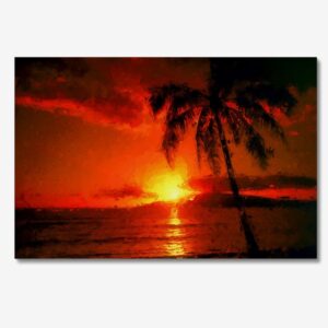 Palm tree leaves sunrise canvas painting