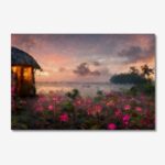 Pink Flowers in backyard with Beautiful Sunset Flora and Fauna Mood Lighting around Hut Canvas Painting