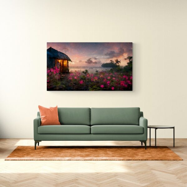 Pink Flowers in backyard with Beautiful Sunset Flora and Fauna Mood Lighting around Hut Canvas Painting