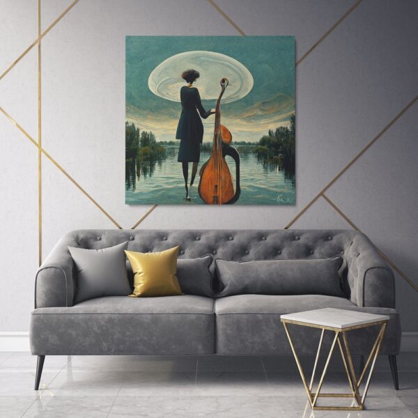 Surrealist art of a woman enjoying music and and feeling philosophical wall art