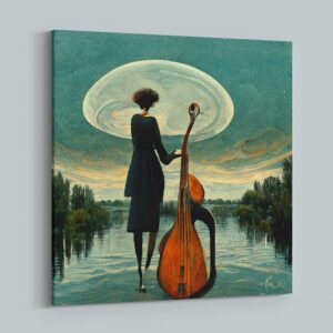 Surrealist art of a woman enjoying music and and feeling philosophical wall art