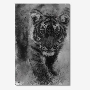Tiger approaching painting black and white canvas wall art