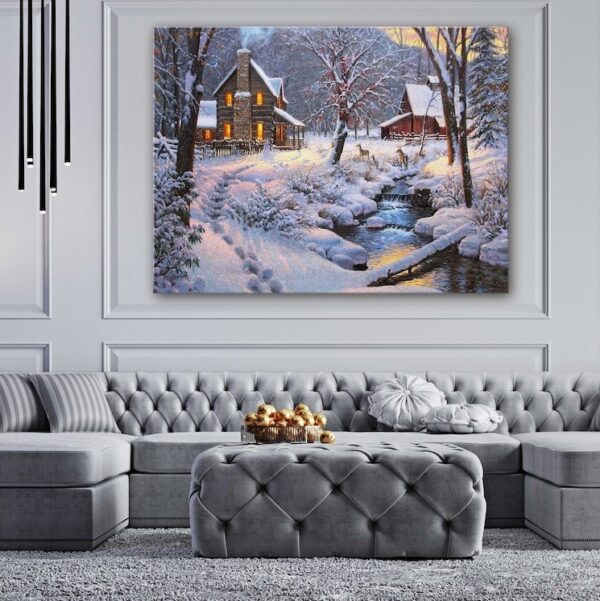 Winter Snow and Lake near House with Reindeers around Canvas Wall Art