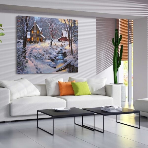 Winter Snow and Lake near House with Reindeers around Canvas Wall Art