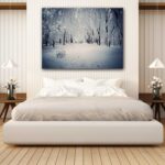 Winter snow with trees and bench to sit and relax canvas wall art
